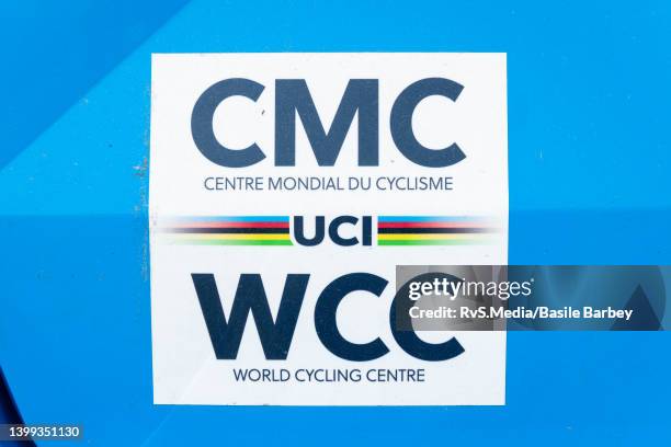 View of the World Cycling Center logo on a car door on May 14, 2022 in Aigle, Switzerland.