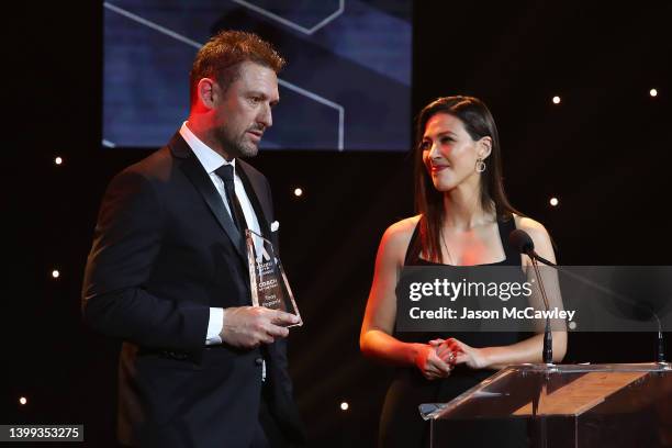 Melbourne Victory head coach Tony Popovic speaks after receiving the A-Leagues Men Coach of the Year award during the 2022 Dolan Warren Awards at...