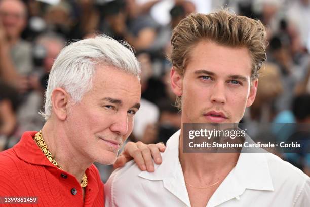 Director Baz Luhrmann and Austin Butler attends the photocall for "Elvis" during the 75th annual Cannes film festival at Palais des Festivals on May...