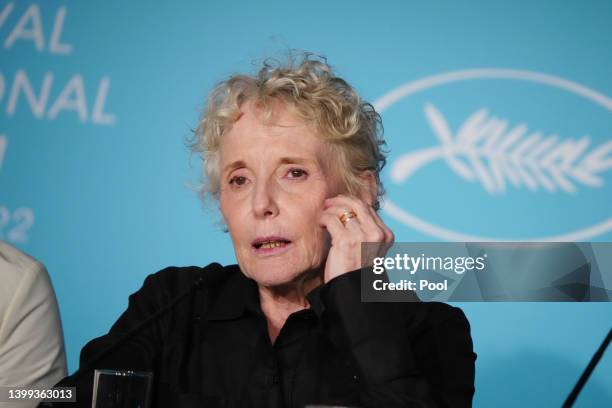 Claire Denis attends the press conference for "Stars At Noon" during the 75th annual Cannes film festival at Palais des Festivals on May 26, 2022 in...