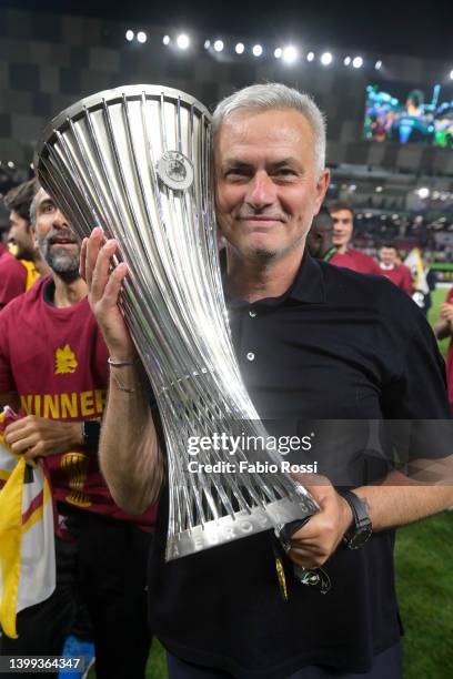 Roma coach Josè Mourinho poses with trophy after the UEFA Conference League final match between AS Roma and Feyenoord at Arena Kombetare on May 25,...