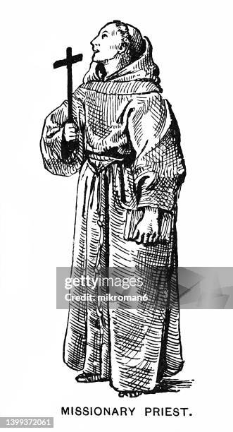 old engraved illustration of missionary priest - priest stock pictures, royalty-free photos & images