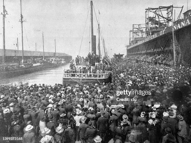 steamer leaves san francisco bound for alaska - san francisco california stock illustrations