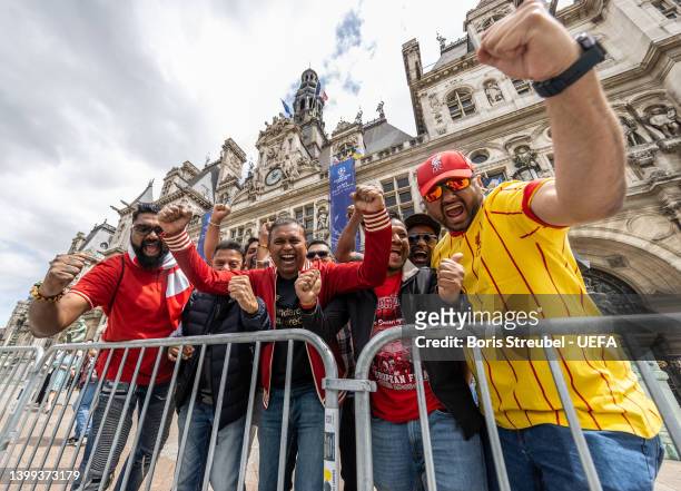 Fans of Liverpool celebrate at Hotel de Ville on day 1 of the UEFA Champions League Final 2021/22 Festival ahead of the UEFA Champions League final...