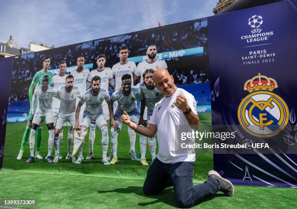 Real Madrid fan celebrate at Hotel de Ville on day 1 of the UEFA Champions League Final 2021/22 Festival ahead of the UEFA Champions League final...