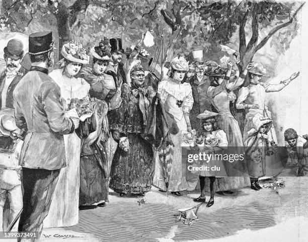 in the vienna prater park, watch out, the emperor is coming, people standing and waiting - prater amusement park stock illustrations