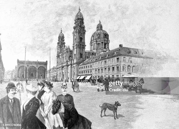 munich, feldherrnhalle, hof- and theatinerkirche - munich stock illustrations