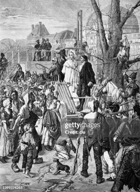 marie antoinette auf dem weg zum gerüst - guillotine stock-grafiken, -clipart, -cartoons und -symbole