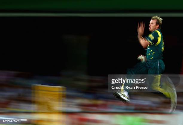 Brett Lee of Australia bowls during the One Day International match between Australia and India at Sydney Cricket Ground on February 26, 2012 in...