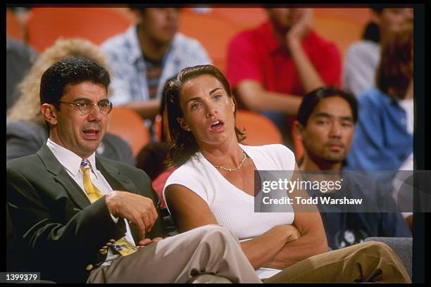 Leonard Armato and Holly McPeak speak to each other during a game between the Charlotte Sting and the Los Angeles Sparks at the Great Western Forum...