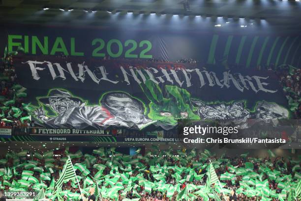Feyenoord fans display a giant banner ahead of the UEFA Conference League final match between AS Roma and Feyenoord at Arena Kombetare on May 25,...
