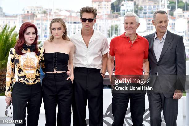 Prescilla Presley, Olivia DeJonge, Austin Butler, Baz Luhrmann and Tom Hanks attend the photocall for "Elvis" during the 75th annual Cannes film...