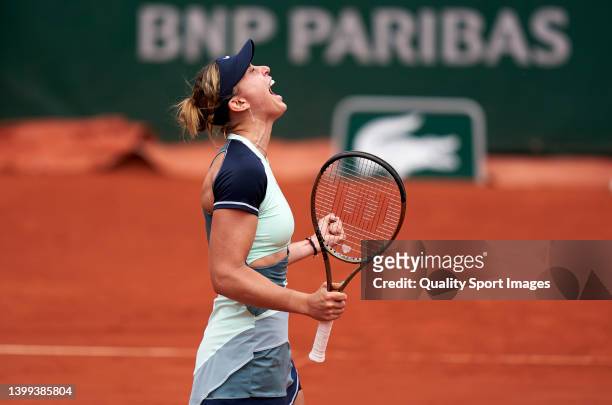 Paula Badosa of Spain reacts after winning against Kaja Juvan of Slovenia in their second round match during day five of the 2022 French Open at...
