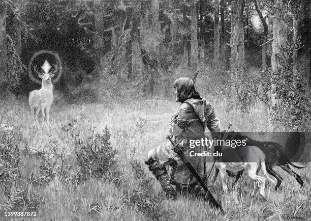 illustrations, cliparts, dessins animés et icônes de saint hubert prend conscience d’un cerf avec un crucifix dans ses bois - ramure