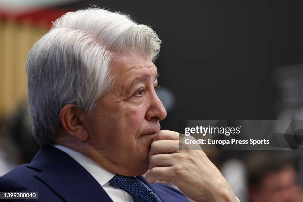 Enrique Cerezo, President of Atletico de Madrid, is seen during the the presentation of Academy Vicente del Bosque at Santander Work Center on May 26...