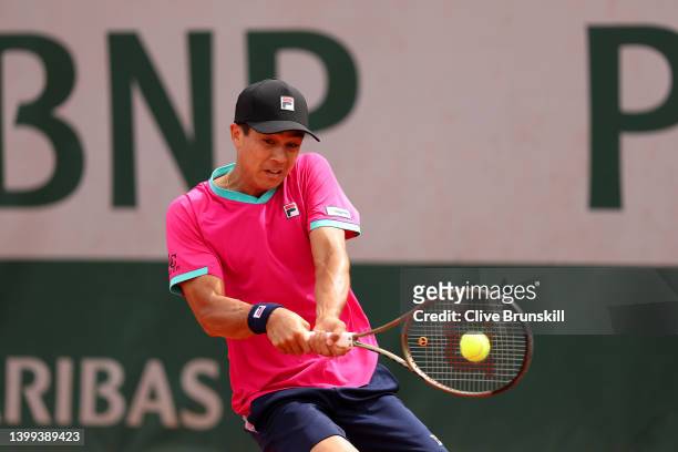 Mackenzie Mcdonald of USA plays a backhand against Nikoloz Basilashvili of Georgia during the Men's singles Second Round on Day Five of the 2022...