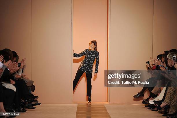 Designer Consuelo Castiglioni acknowledges the audience at the end the Marni Autumn/Winter 2012/2013 fashion show as part of Milan Womenswear Fashion...