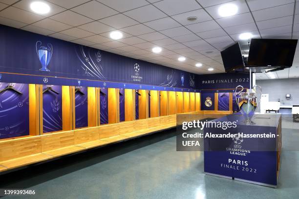 General view of the Real Madrid dressing room with the Champions League trophy displayed ahead of the UEFA Champions League final match between...