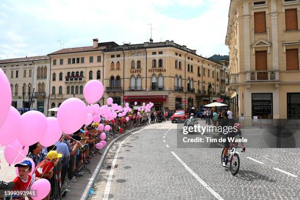 General view of Magnus Cort Nielsen of Denmark and Team EF Education - Easypost competing in the breakaway through Valdobbiadene city landscape while...