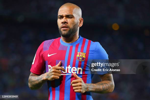 Dani Alves of FC Barcelona looks on during the LaLiga Santander match between FC Barcelona and Villarreal CF at Camp Nou on May 22, 2022 in...