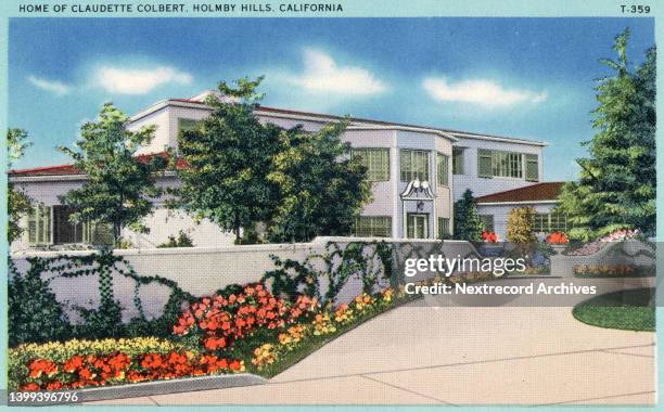 Vintage souvenir postcard published ca 1941 from the Homes of Movie Stars in California series, depicting bungalows, mansions and grand estates of...