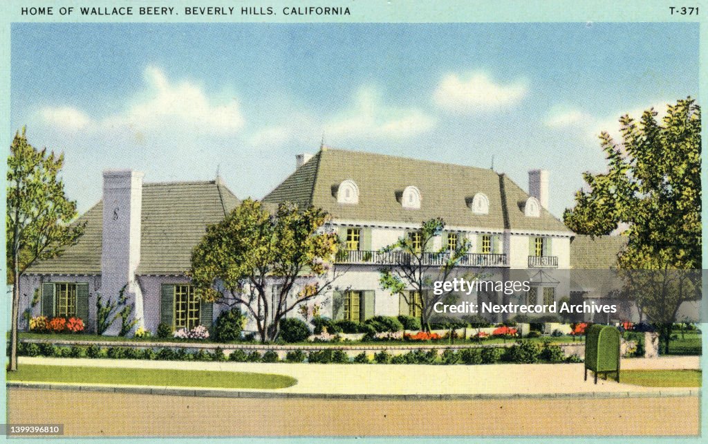 Vintage souvenir postcard, Wallace Beery's Beverly Hills mansion, Homes of the Stars series, ca. 1941