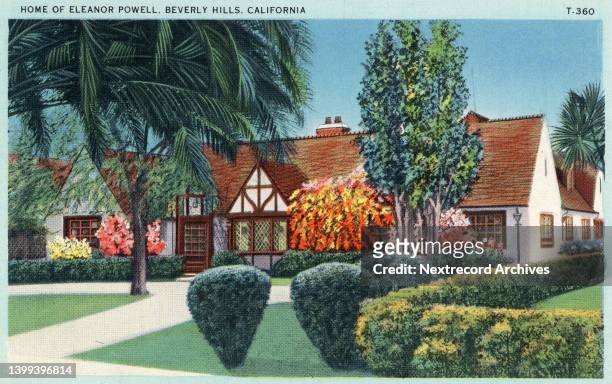 Vintage souvenir postcard published ca 1941 from the Homes of Movie Stars in California series, depicting bungalows, mansions and grand estates of...
