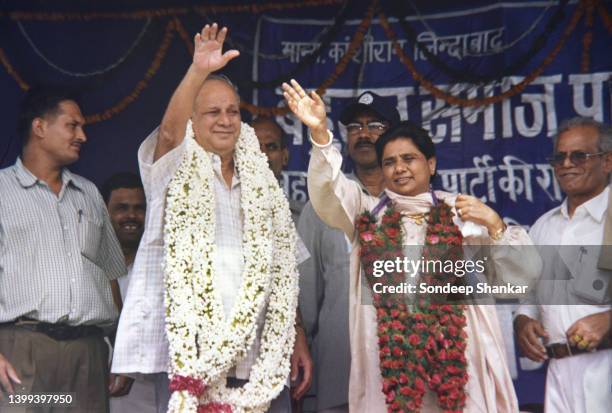Bahujan Samaj Party supremo Kanshi Ram and Mayawati during a rally at Ramlila grounds in New Delhi on April 22 2001.