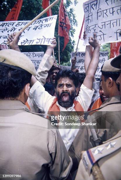 Hindu nationalist Shiv Sena party activists demanding deployment of Indian army to control Islamic militancy in the troubled northern state of Jammu...