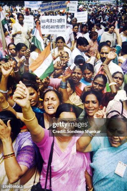 Women activists of the Congress party demanding 33 percent reservation in parliament, legislative assemblies and all elected bodies.