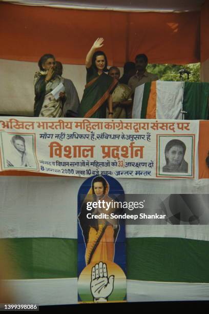 Congress President Sonia Gandhi at a rally demanding 33 percent reservation for women in parliament, legislative assemblies and all elected bodies.
