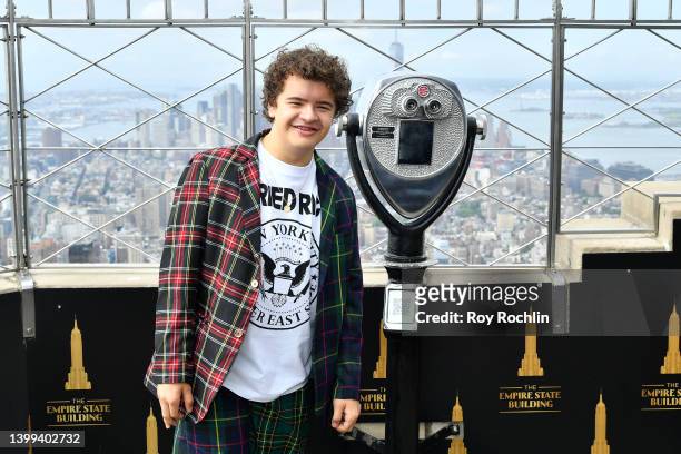 Gaten Matarazzo of the Stranger Things cast visits The Empire State Building on May 26, 2022 in New York City.