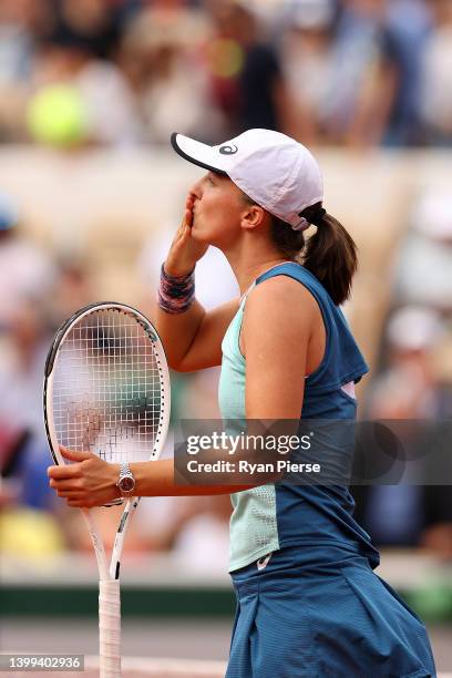 Iga Swiatek of Poland celebrates match point against Alison Riske of USA during the Women's singles Second Round on Day Five of the 2022 French Open...