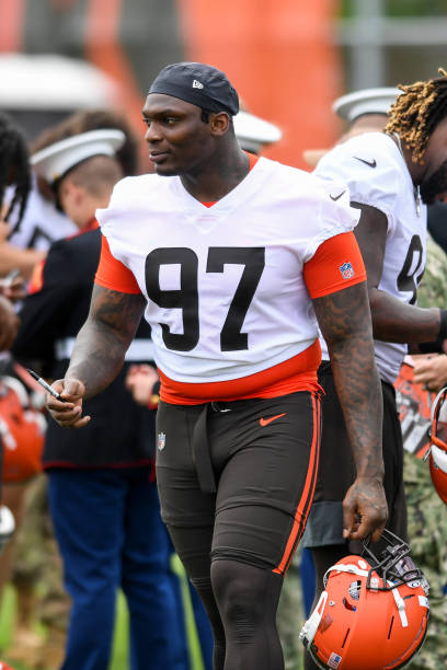 Perrion Winfrey of the Cleveland Browns walks off the field after the Cleveland Browns OTAs at CrossCountry Mortgage Campus on May 25, 2022 in Berea,...