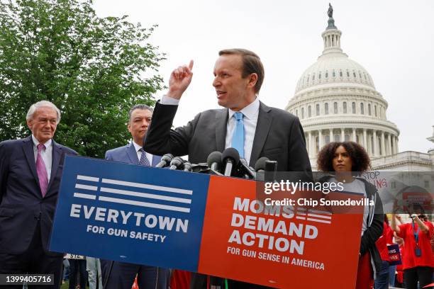 Sen. Chris Murphy addresses a rally with fellow Senate Democrats and gun control advocacy groups outside the U.S. Capitol on May 26, 2022 in...