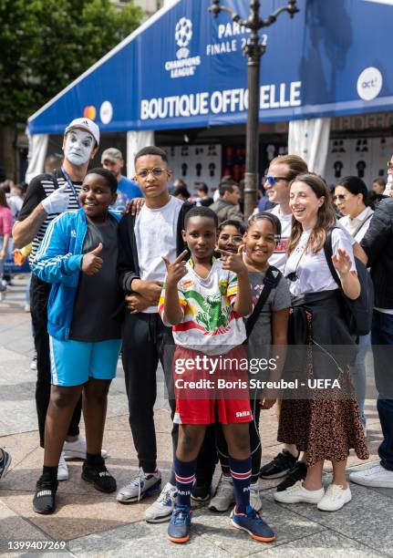 Mime makes jokes with fans at Hotel de Ville on day 1 of the UEFA Champions League Final 2021/22 Festival ahead of the UEFA Champions League final...