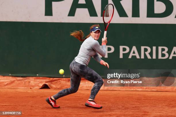 Madison Brengle of USA plays a backhand against Aryna Sabalenka of Belarus during the Women's singles Second Round on Day Five of the 2022 French...