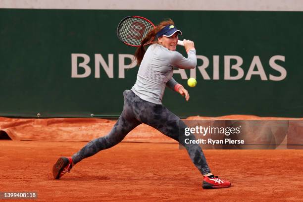 Madison Brengle of USA plays a backhand against Aryna Sabalenka of Belarus during the Women's singles Second Round on Day Five of the 2022 French...