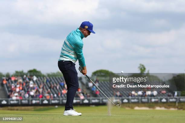 Mikko Korhonen of Finland plays a shot to make an eagle on the 18th hole during Day One of the Dutch Open at Bernardus Golf on May 26, 2022 in...