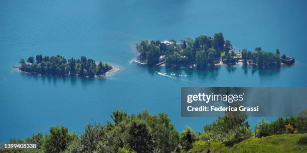 panoramic view of the brissago islands, lake maggiore, switzerland - lago maggiore stockfoto's en -beelden