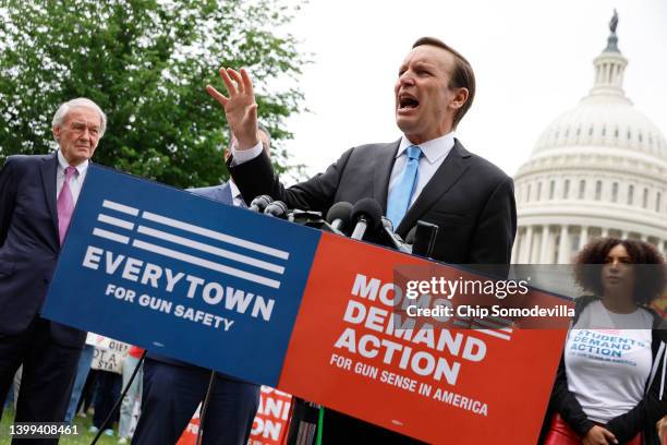 Sen. Chris Murphy addresses a rally with fellow Senate Democrats and gun control advocacy groups outside the U.S. Capitol on May 26, 2022 in...