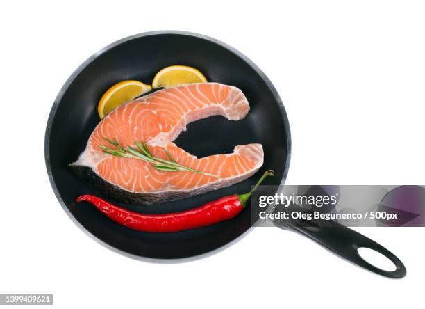 fresh salmon steak on pan,moldova - polytetrafluoroethylene stock pictures, royalty-free photos & images