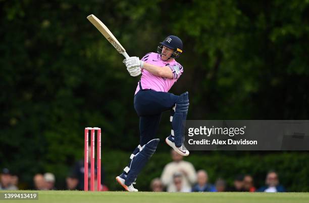 Eoin Morgan of Middlesex bats during the Vitality T20 Blast match between Middlesex and Gloucestershire at Radlett Cricket Club on May 26, 2022 in...