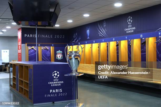 General view of the Liverpool FC dressing room with the Champions League trophy displayed ahead of the UEFA Champions League final match between...