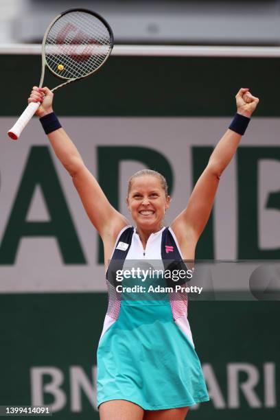 Shelby Rogers of USA celebrates match point against Danielle Collins of USA during the Women's singles Second Round on Day Five of the 2022 French...