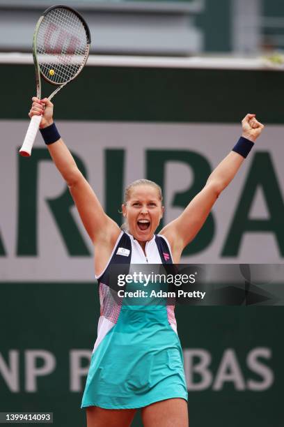 Shelby Rogers of USA celebrates match point against Danielle Collins of USA during the Women's singles Second Round on Day Five of the 2022 French...