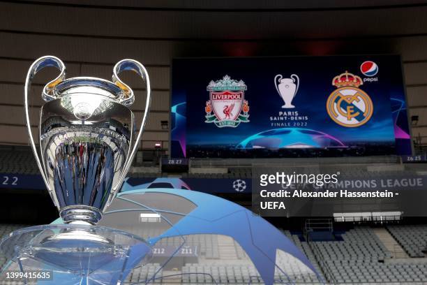 The UEFA Champions League Trophy is displayed in front of the scoreboard ahead of the UEFA Champions League final match between Liverpool FC and Real...