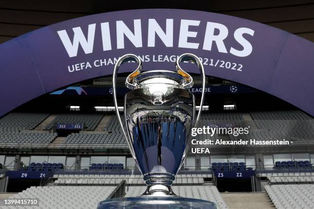 The UEFA Champions League Trophy is displayed ahead of the UEFA Champions League final match between Liverpool FC and Real Madrid at Stade de France...