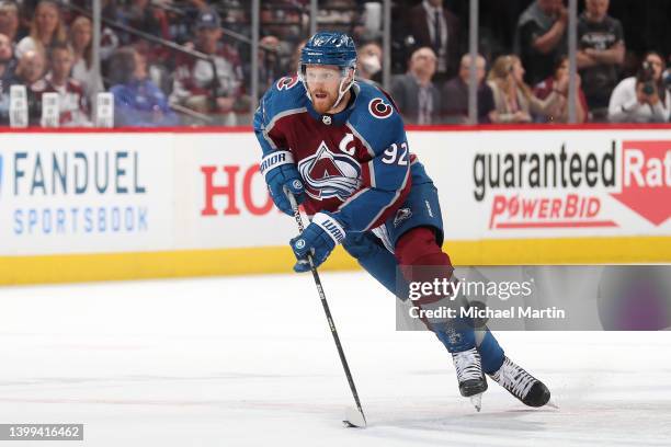 Gabriel Landeskog of the Colorado Avalanche skates against the St. Louis Blues in Game Five of the Second Round of the 2022 Stanley Cup Playoffs at...