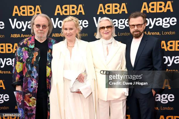 Benny Andersson, Agnetha Fältskog, Anni-Frid Lyngstad and Bjorn Ulvaeus of ABBA attend the first performance of ABBA "Voyage" at ABBA Arena on May...